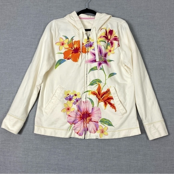 Paradise Shores Hooded Jacket Womens Large Cotton Cream Flowers Pockets Zippered - Picture 1 of 12